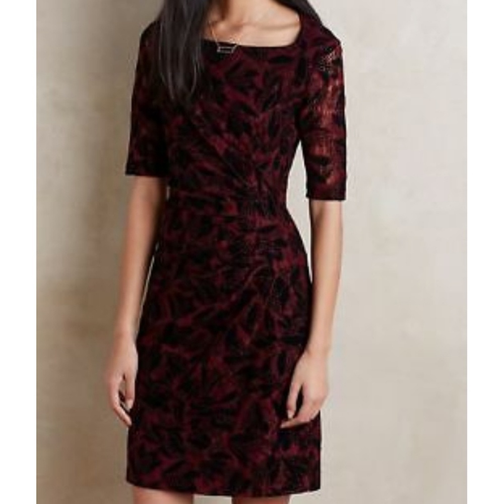 Maroon and Black Velvet Floral Ruched Dress